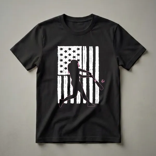 Black silhouette of a female softball player swinging a bat with a pink outline, set against a distressed white and black American flag. A pink softball is visible near the bat.
