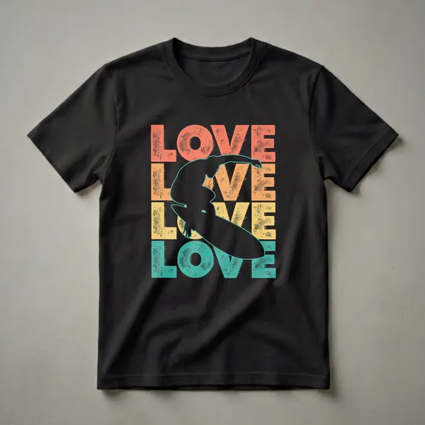 Black graphic t-shirt featuring a retro design with a silhouette of a surfer riding a wave over stacked 'LOVE' text in coral, orange, yellow, and teal.