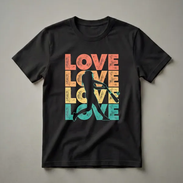 Black t-shirt with a retro design featuring stacked 'LOVE' in coral, orange, yellow, and teal, with a black silhouette of a female softball player swinging a bat.