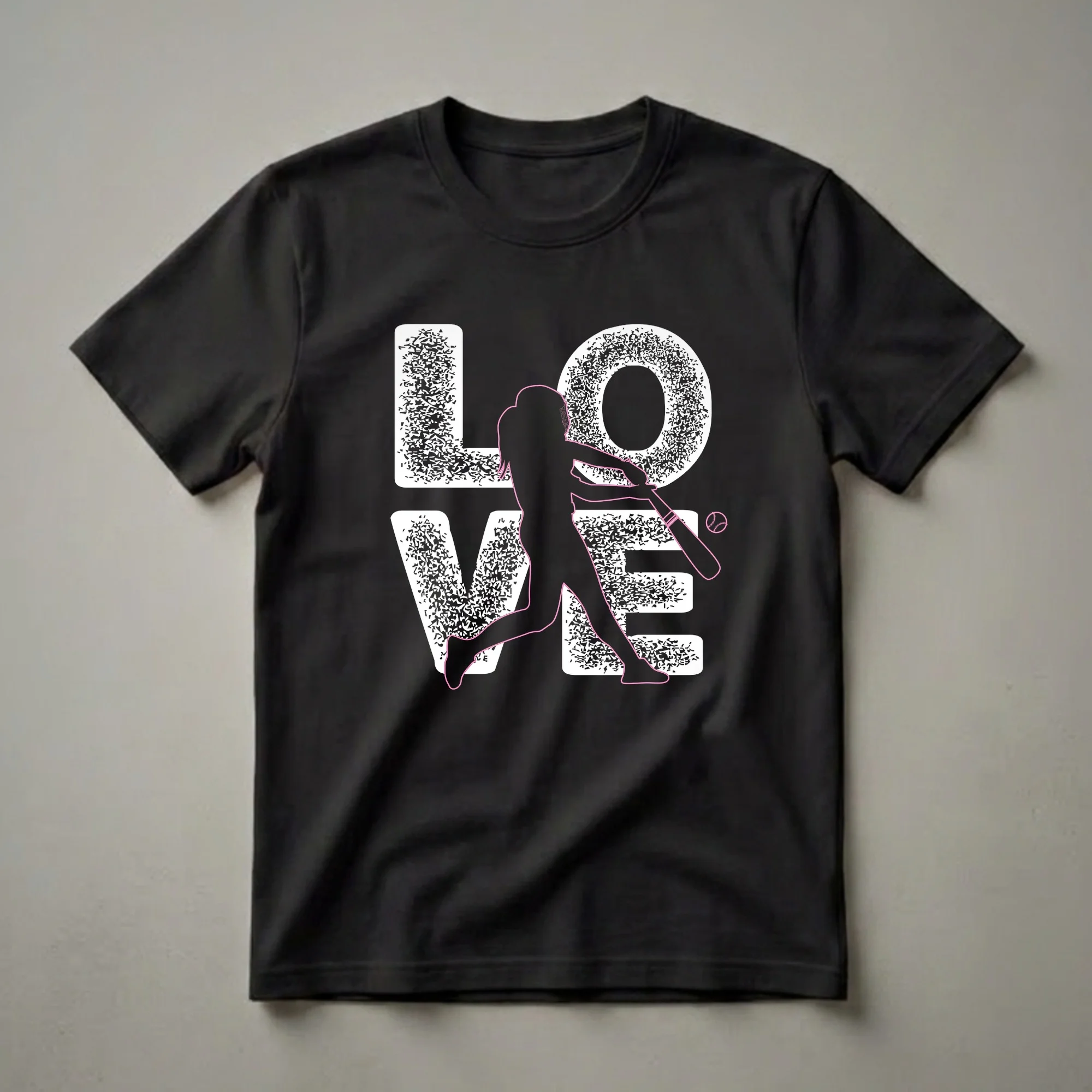 Black t-shirt with a white distressed 'LOVE' graphic, featuring a pink-outlined silhouette of a female softball player swinging a bat and a pink softball.