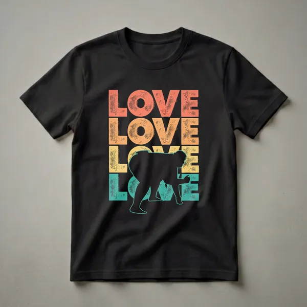 Black t-shirt with the word LOVE in retro coral, orange, yellow, and teal, overlaid with a black silhouette of a sumo wrestler in a low stance.