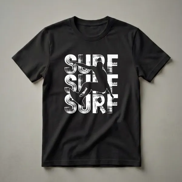 Black graphic t-shirt featuring a white distressed word art design with the word 'SURF' repeated and a black silhouette of a surfer riding a wave.