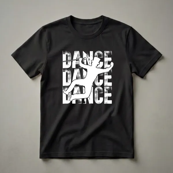 Black t-shirt with a white graphic featuring a tap dancer mid-air holding a cane, with distressed white letters spelling 'DANCE' in the background.