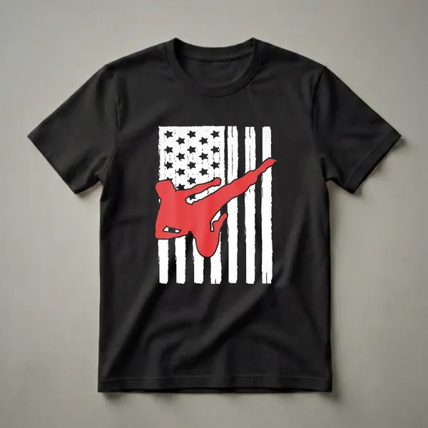 Black t-shirt featuring a red silhouette of a Taekwondo practitioner performing a high kick against a distressed American flag with white stripes and black stars.