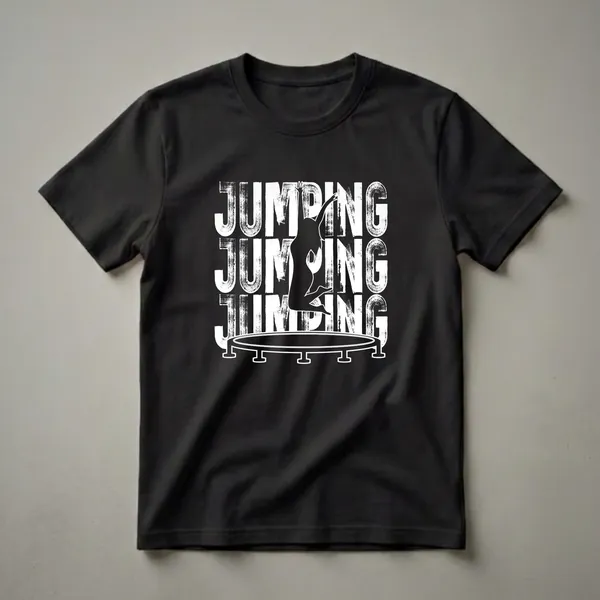 Black t-shirt with white distressed graphic design of the word JUMPING repeated vertically, featuring a silhouette of a person jumping over a trampoline.