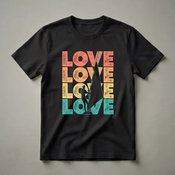 Black t-shirt with a retro graphic design featuring the word LOVE repeated in coral, orange, yellow, and teal, with a black silhouette of a windsurfer integrated into the design.