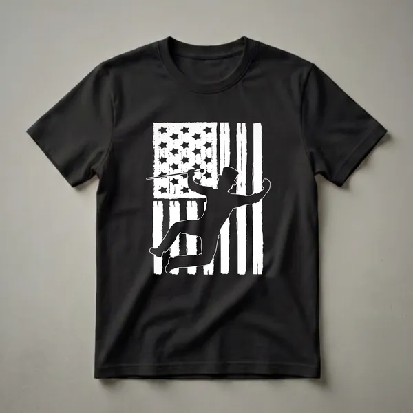 Black silhouette of a tap dancer in a top hat and suit, mid-leap, against a distressed white and black American flag graphic on a black t-shirt.