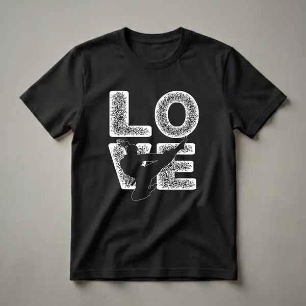 Black t-shirt with a white graphic design spelling 'LOVE', where the 'V' is a silhouette of a Taekwondo practitioner performing a high kick.