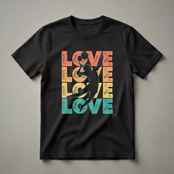 Black t-shirt with a retro graphic design featuring the word 'LOVE' stacked in coral, orange, yellow, and teal, with a black silhouette of a volleyball player in action superimposed.
