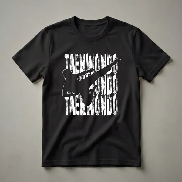 Black graphic t-shirt featuring a white silhouette of a Taekwondo practitioner performing a high kick, overlaid with distressed white text spelling 'TAEKWONDO'.