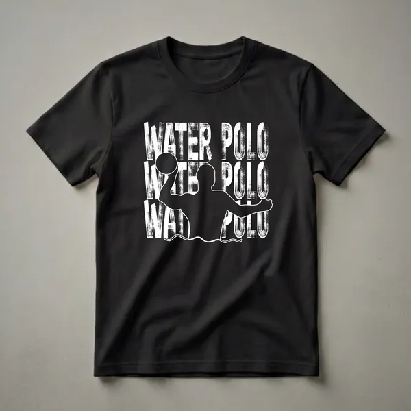 Black t-shirt with a white graphic design featuring the words 'WATER POLO' and a silhouette of a water polo player throwing a ball.