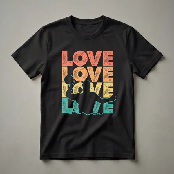 Black t-shirt with a retro graphic design featuring the word LOVE stacked vertically in orange, yellow, and teal, with a black silhouette of a water polo player throwing a ball in the middle.