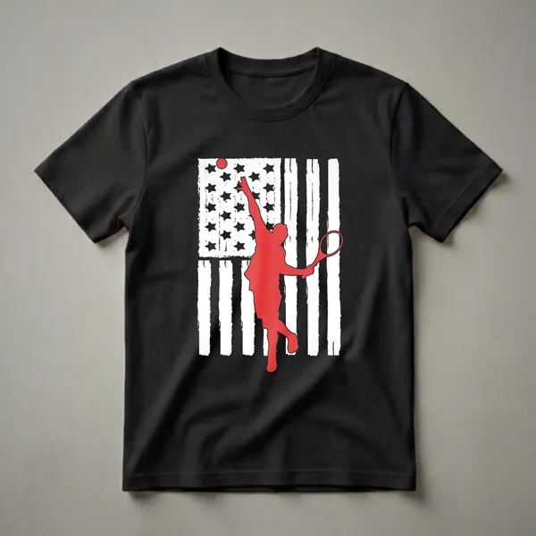 Black t-shirt with a distressed American flag graphic featuring a red silhouette of a tennis player serving a ball and holding a racquet.