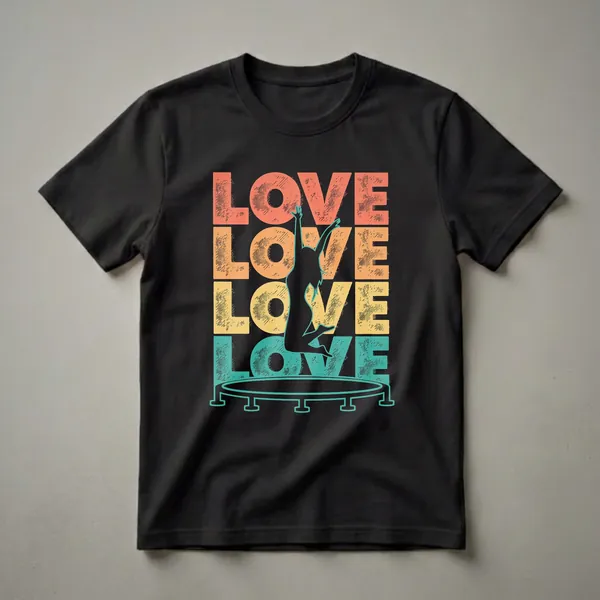 Black t-shirt with a retro graphic design featuring the word 'LOVE' in orange, yellow, and teal, and a silhouette of a person jumping on a trampoline.