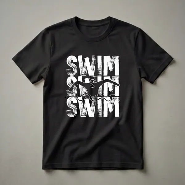 Black t-shirt with a white graphic design featuring the word 'SWIM' repeated three times and a silhouette of a swimmer in the middle.
