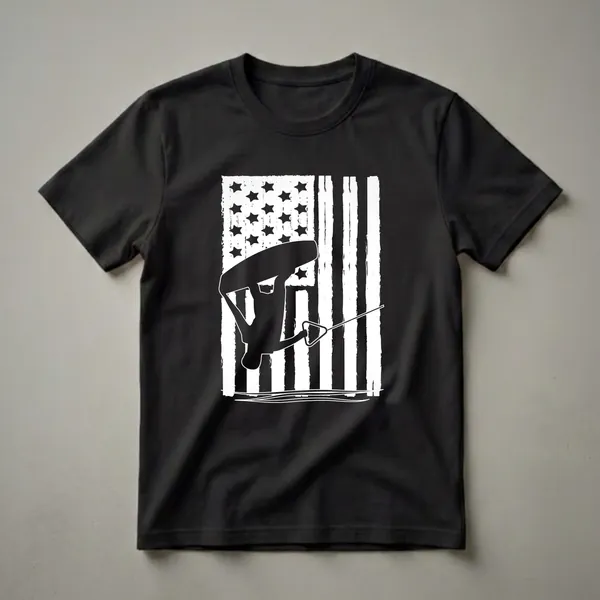 Black graphic t-shirt featuring a distressed American flag with a silhouette of a water skier performing a trick, holding a tow rope.