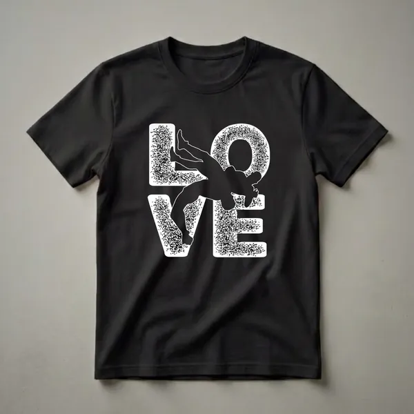 Black t-shirt with a white graphic design that spells out 'LOVE' using the silhouettes of two wrestlers in action.