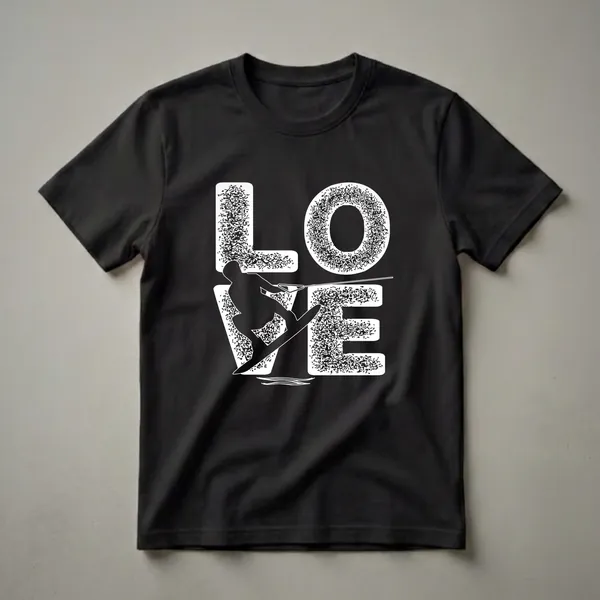 Black t-shirt with a white graphic design that spells out 'LOVE', with the letter 'V' formed by a silhouette of a water skier on a board.