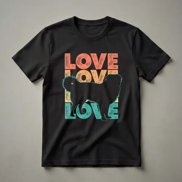 Black t-shirt with a retro design featuring the word 'LOVE' stacked in coral, orange, yellow, and teal, overlaid with a black silhouette of an Australian Shepherd dog.