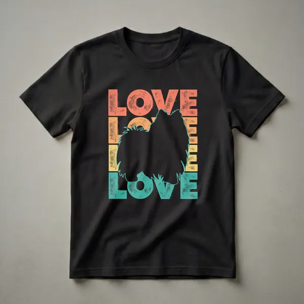 Black t-shirt featuring a retro graphic with the word 'LOVE' stacked vertically in orange, yellow, and teal, with a black silhouette of an American Eskimo dog in the center.