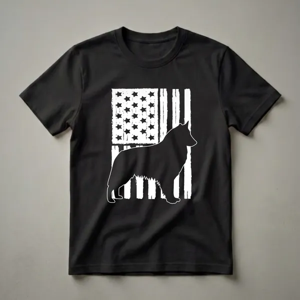 Black t-shirt featuring a black silhouette of a Belgian Sheepdog standing in front of a distressed American flag with black stars and white stripes.