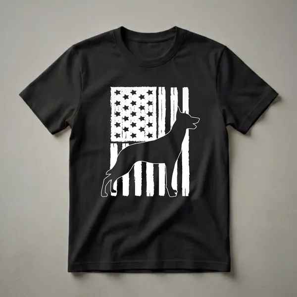 Black graphic t-shirt featuring a distressed American flag with a black silhouette of a Belgian Malinois dog.