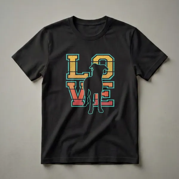 Black graphic t-shirt featuring the word LOVE in a retro sunset color palette with a black silhouette of a Beauceron dog in the center.