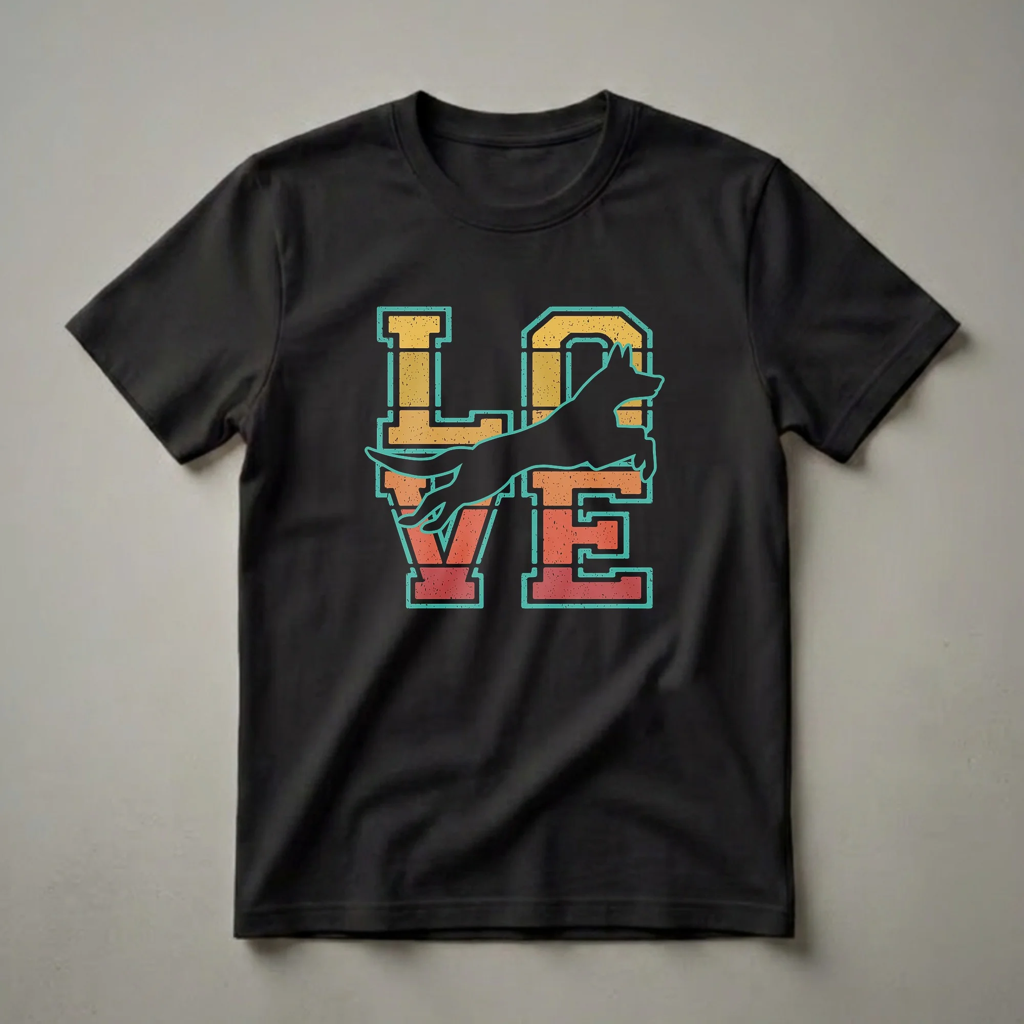 Black t-shirt with a retro sunset graphic forming the word 'LOVE' and a jumping Belgian Malinois silhouette in teal and distressed orange, yellow, and red.