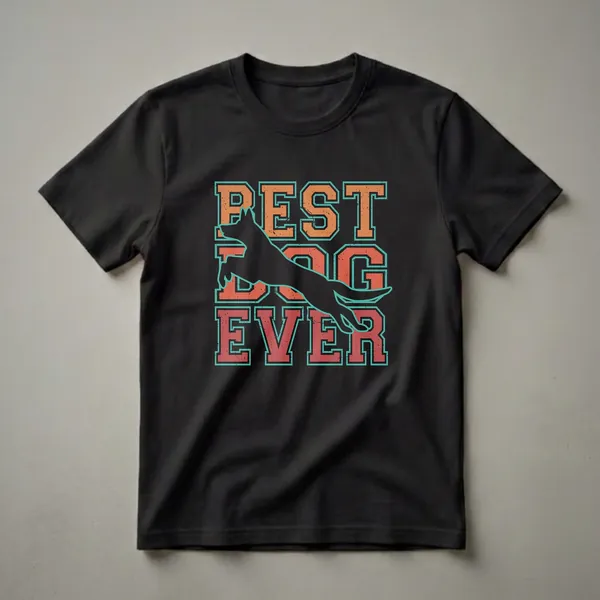 Black graphic t-shirt featuring the words 'BEST DOG EVER' in distressed orange and teal collegiate lettering, with a black silhouette of a Belgian Malinois dog jumping in the center.