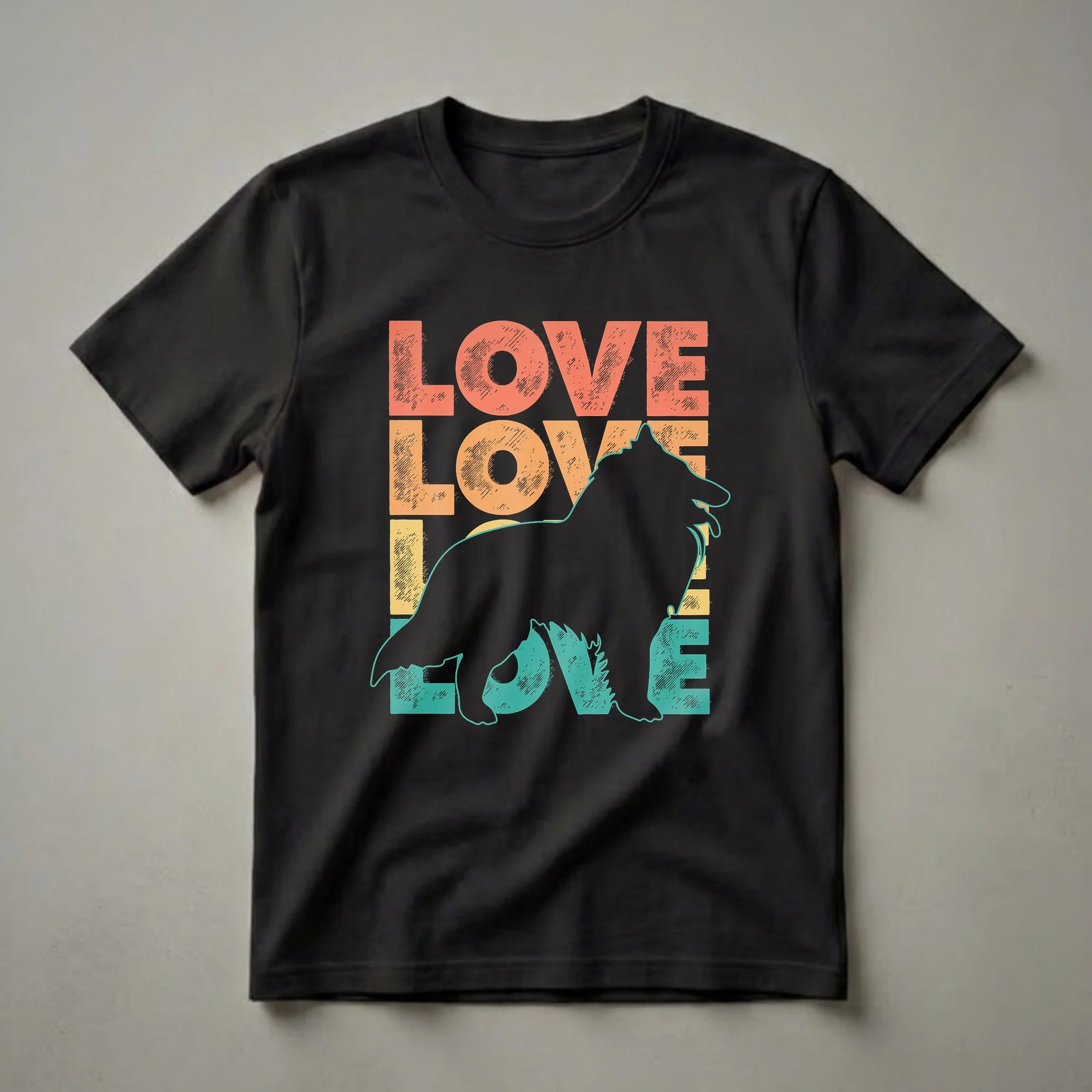 Black silhouette of a Belgian Tervuren dog with a retro 'LOVE' graphic in coral, orange, and teal on a black t-shirt.