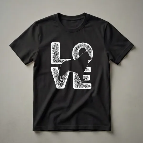 Black graphic t-shirt featuring the word 'LOVE' with a white silhouette of a Belgian Sheepdog standing within the design, set against a black background.