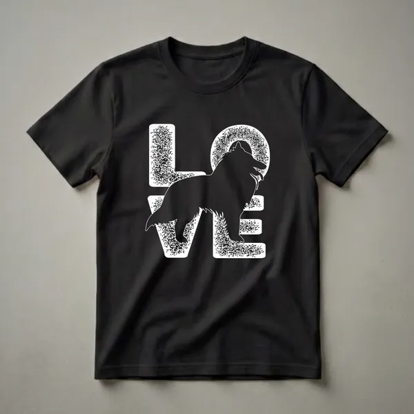 Black graphic t-shirt featuring the word LOVE with a Belgian Tervuren dog silhouette inside the letter O, rendered in white with a distressed texture.