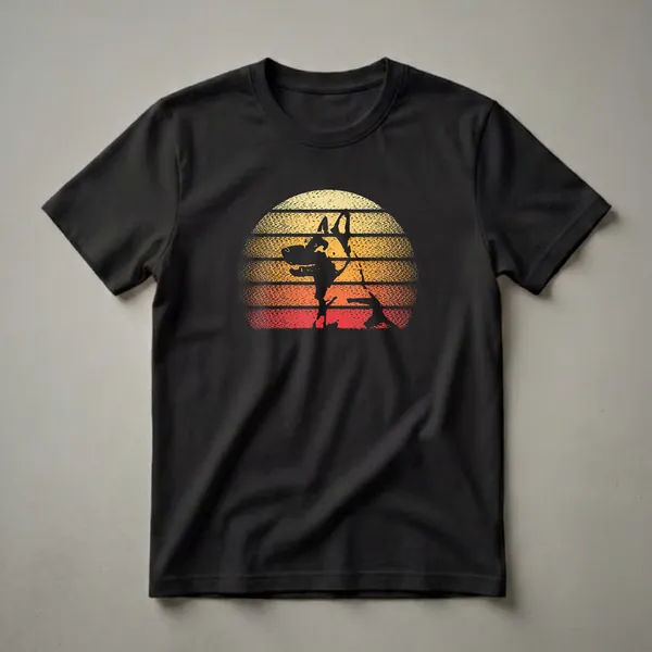 Black graphic t-shirt featuring a silhouette of a Belgian Malinois dog jumping against a distressed sunset with horizontal stripes of yellow, orange, and red.