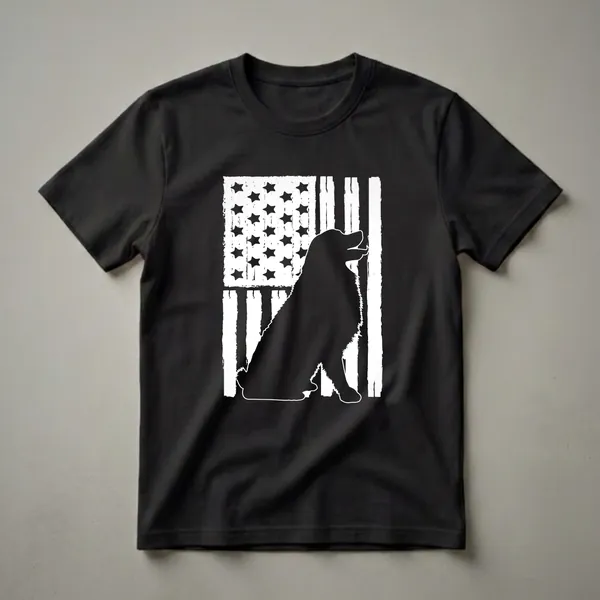 Black silhouette of a Bernese Mountain Dog sitting in front of a distressed white and black American flag, on a black t-shirt.