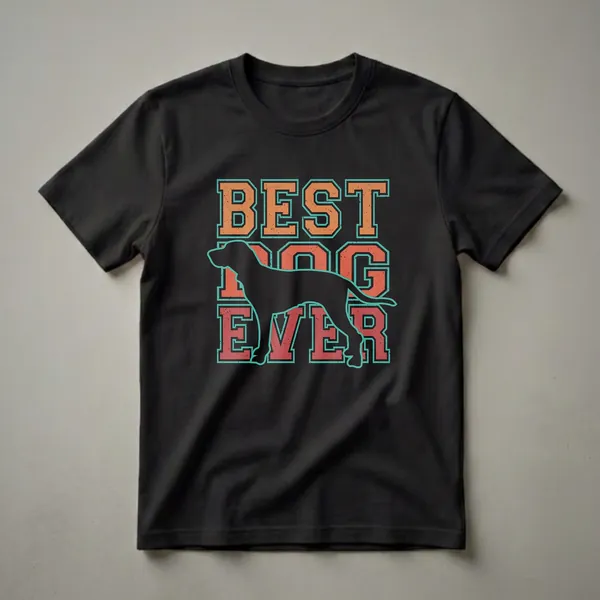 Black t-shirt with a silhouette of a Bluetick Coonhound dog in the center, overlaid with distressed orange and red collegiate lettering that reads 'BEST DOG EVER', outlined in teal.