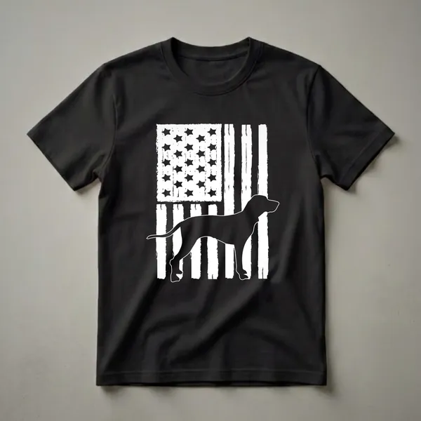 Black graphic t-shirt featuring a silhouette of a Bluetick Coonhound against a distressed American flag.