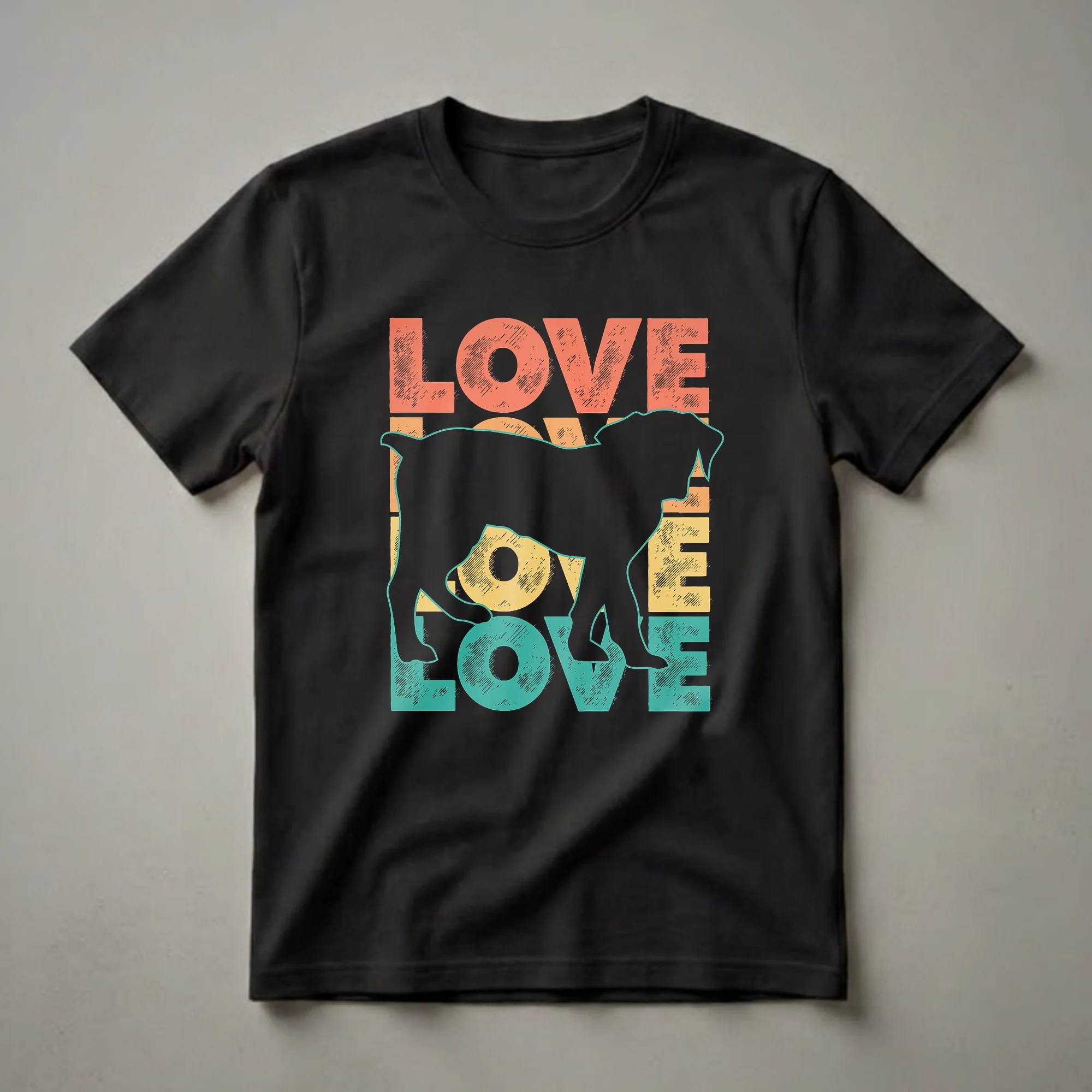 Black silhouette of a Boerboel dog with retro 'LOVE' text in coral, yellow, and teal on a black t-shirt.