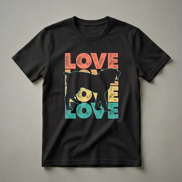 Black silhouette of a Boerboel dog with retro 'LOVE' text in coral, yellow, and teal on a black t-shirt.