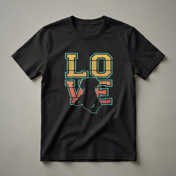 Black graphic t-shirt featuring the word 'LOVE' in a retro, distressed font with a black silhouette of a Brittany Spaniel dog in the center of the 'O'.