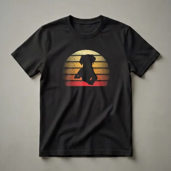 Black silhouette of a Brittany Spaniel dog against a retro sunset with yellow, orange, and red stripes, printed on a black t-shirt.