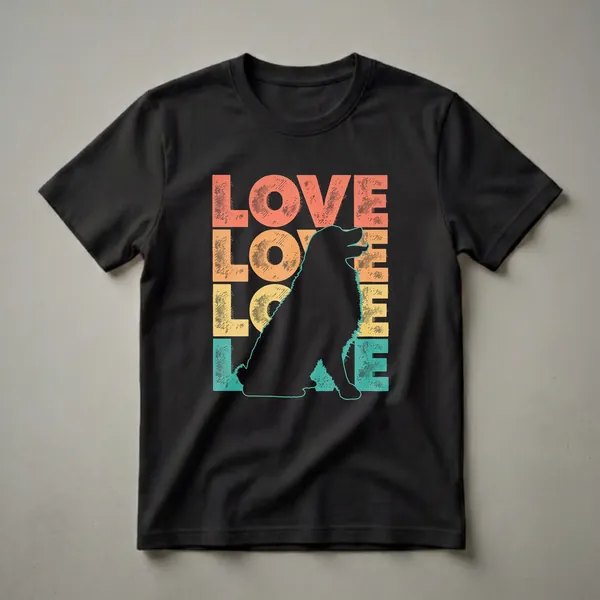 Black graphic t-shirt with a silhouette of a Bernese Mountain Dog sitting in front of stacked, distressed text that reads 'LOVE' in retro coral, orange, yellow, and teal colors.