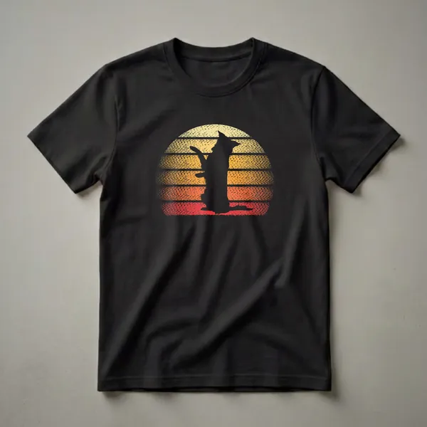 Black silhouette of a Border Collie dog standing against a retro sunset with yellow, orange, and red horizontal stripes, on a black t-shirt.