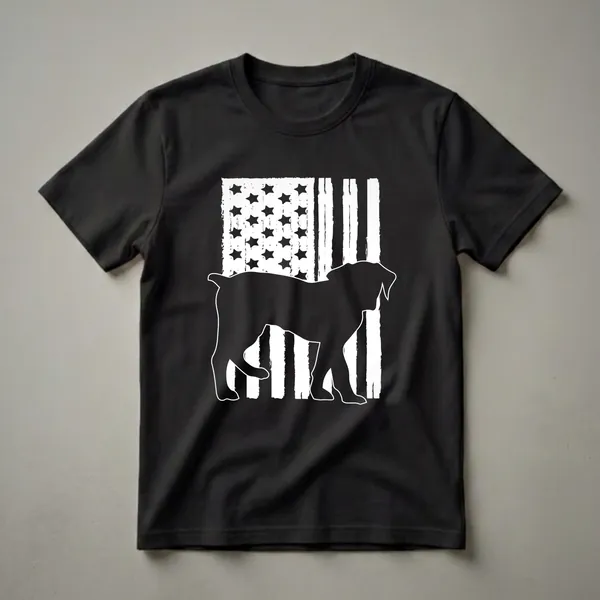 Black silhouette of a Boerboel dog against a distressed white and black American flag graphic, on a black t-shirt.