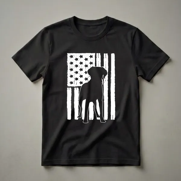 Black graphic t-shirt featuring a silhouette of a Brittany Spaniel dog in front of a distressed American flag with black stars and white stripes.