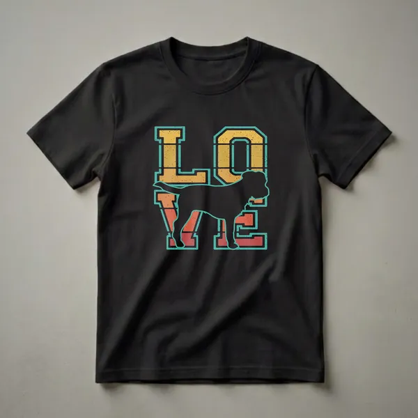 Black t-shirt featuring a retro sunset graphic with the word LOVE and a Border Terrier silhouette inside the O, outlined in teal.