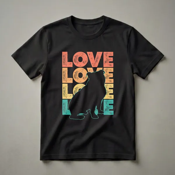 Black graphic t-shirt featuring a retro design with the word 'LOVE' stacked in coral, orange, yellow, and teal, and a black silhouette of an English Bulldog.