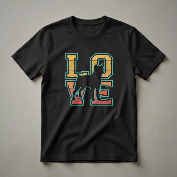 Black silhouette of a Brussels Griffon dog inside the word LOVE, with a retro sunset color scheme and distressed texture. The shirt is black.