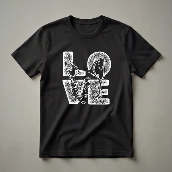 Black t-shirt with a white graphic design of a Chihuahua's head integrated into the word 'LOVE', featuring distressed textures.