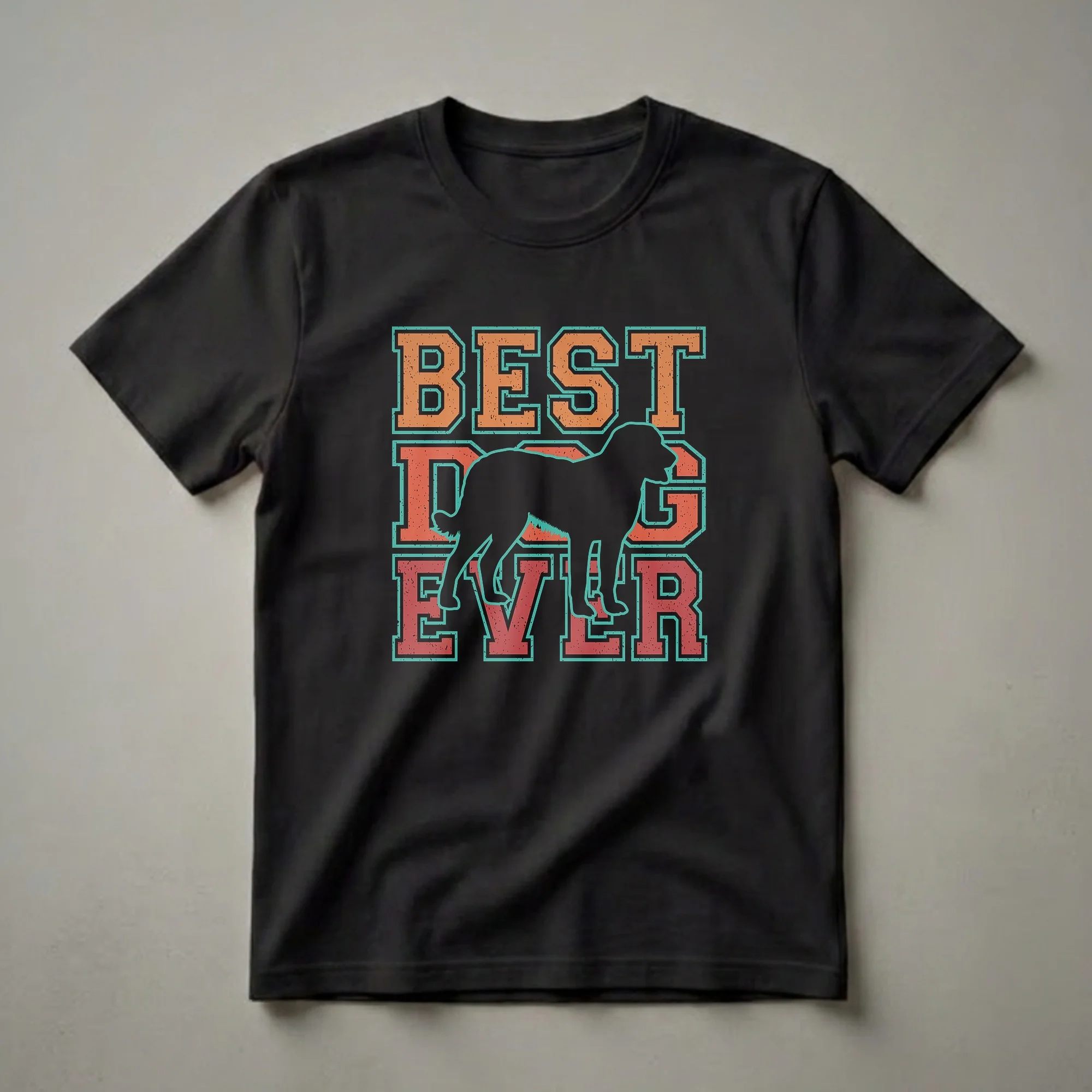 Black graphic t-shirt with distressed orange and teal lettering that reads 'BEST DOG EVER' and a black silhouette of a Chesapeake Bay Retriever dog.