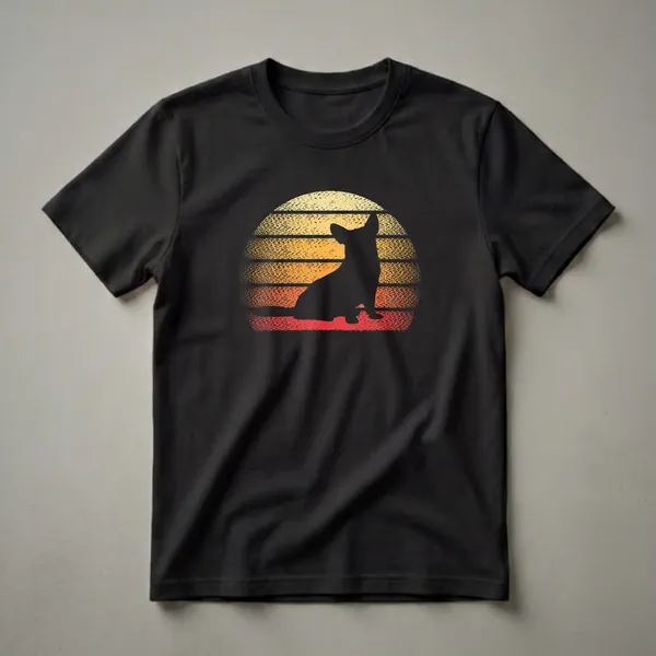 Black silhouette of a Cardigan Welsh Corgi sitting in front of a retro sunset with yellow, orange, and red horizontal stripes and a distressed texture.